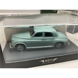 Nine Neo Scale Models 1:43 scale die-cast models including Daimler Majestic major, S&S Landau Hearse, Lagonda 3-litre 1955, Rover P4 Seventy-five, Jaguar 420Rover P5b Coupe etc; some boxed (9)