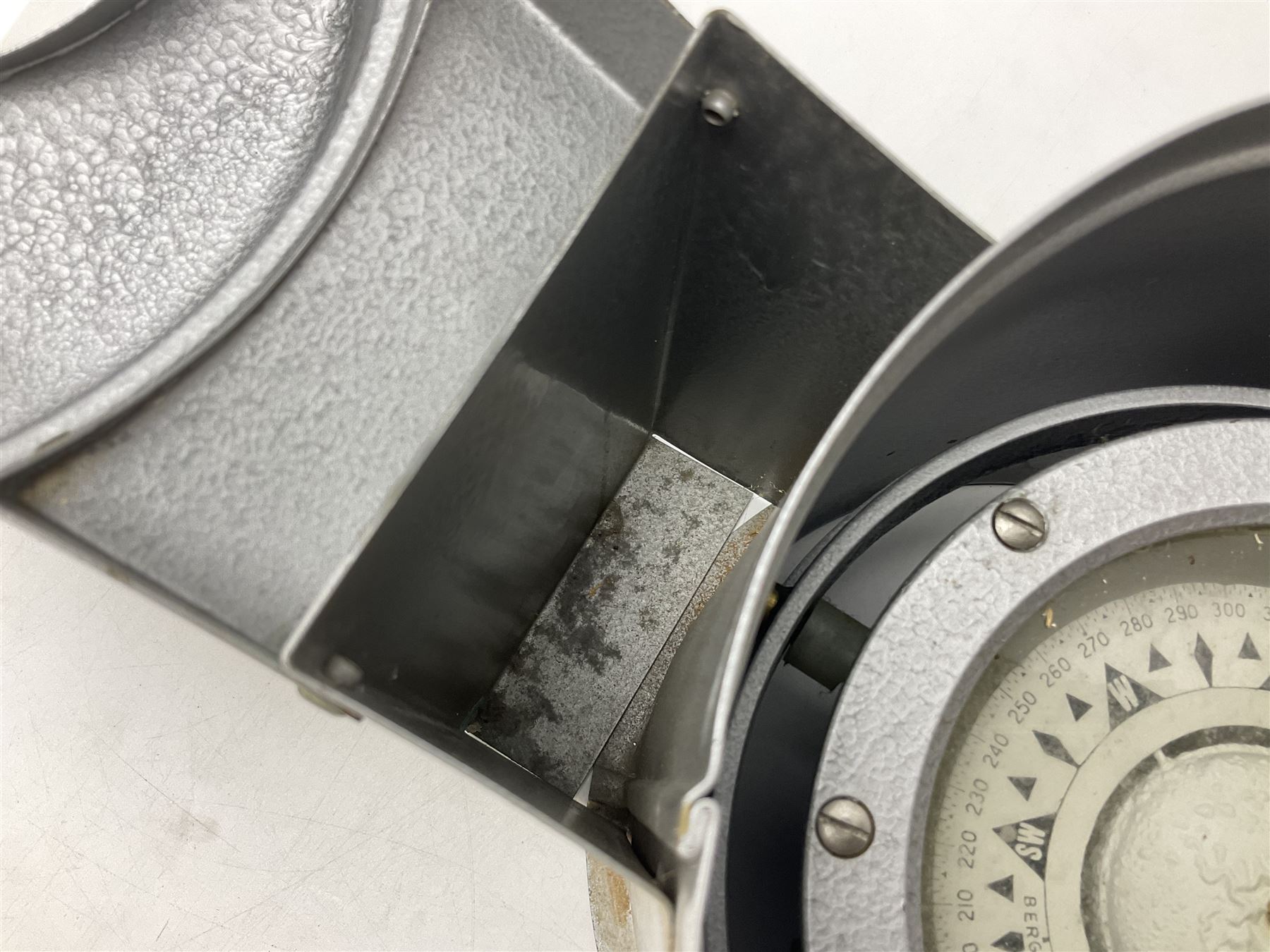 Ship's lifeboat gimble compass in binnacle, with plaque 'Bergen Nautik Instrumentfabrikk ..... Norway. Type BN25COL No.770559' 