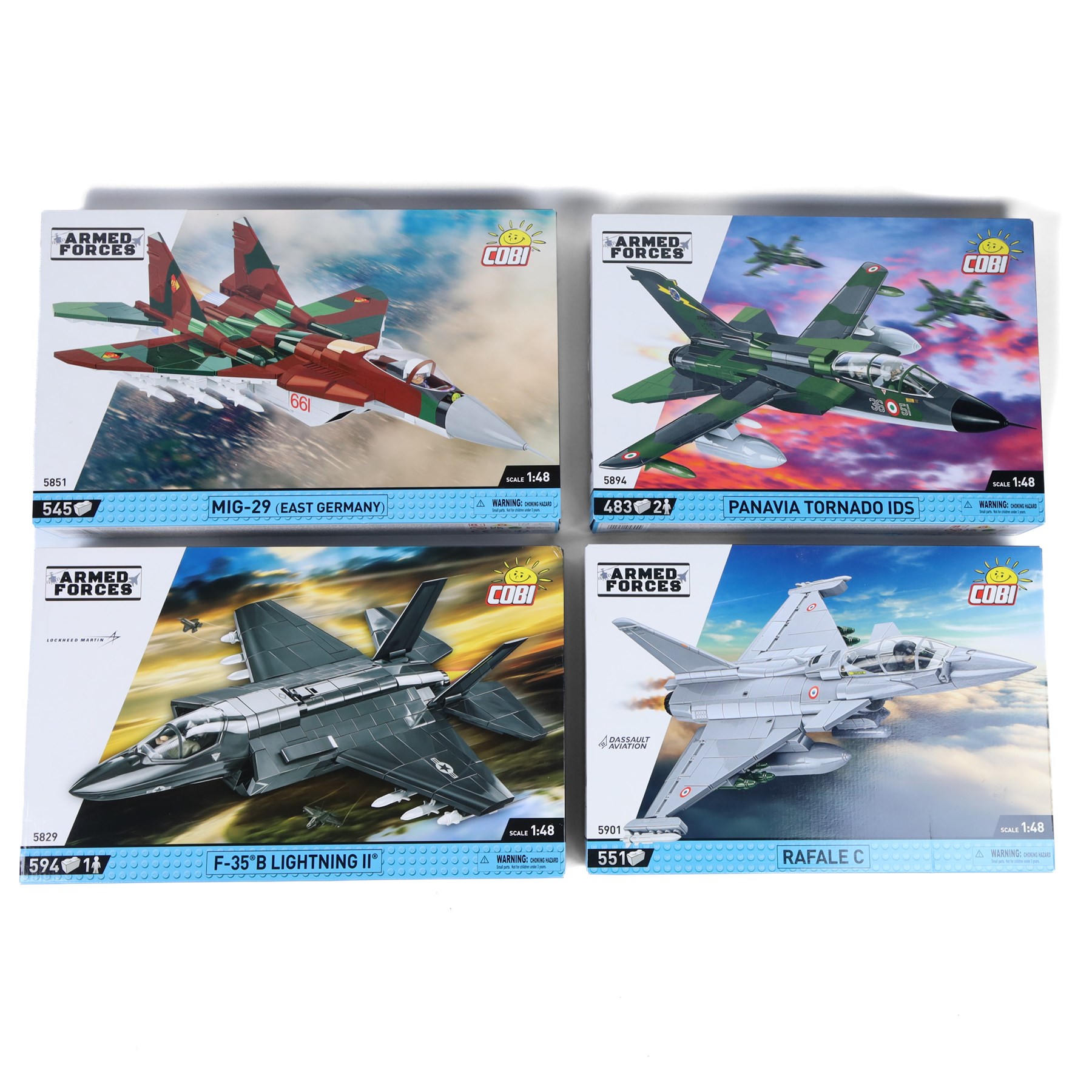 Four Cobi Bricks 1:48 scale Armed Forces model aircraft sets, comprising no. 5894 Panavia Tornado IDS, no. 5901 Rafale C, no. 5829 F-35 B Lightning II and no. 5851 MIG-29 East Germany, all in sealed boxes