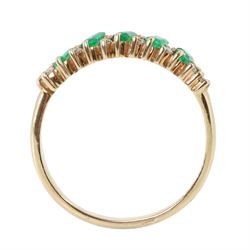 9ct gold emerald and diamond ring, set with five baguette cut emeralds and fourteen round brilliant cut diamonds, hallmarked 