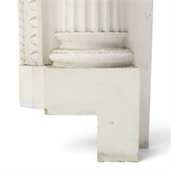 Large Adam's design white painted Neoclassical fire surround, the frieze moulded with goddess and cherubic motifs with bellflower festoons, egg-and-dart moulded inner slip flanked by Ionic capitals on classical columns