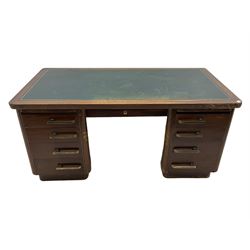 Abbess - mid 20th century mahogany twin pedestal office desk, inset leather writing surface, fitted with nine drawers and three slides