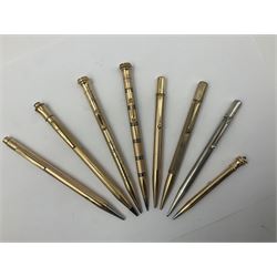 Five gold filled Wahl Eversharp propelling pencils, together with a silver propelling pencil, hallmarked London 1946, J.M.Co Johnson, Matthey & Co, and two further gold filled propelling pencils, one with box, largest L13cm (8)