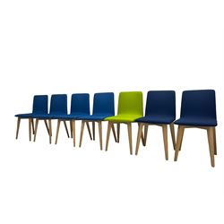 Elite - set thirteen office chairs, back and seat upholstered in blue, navy blue, grey and lime green, raised on square tapering beech supports