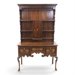 Late 19th century inlaid oak dresser and plate rack, plate rack with projecting cornice an...