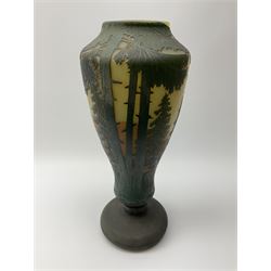 Reproduction Daum Nancy art nouveau  style overlay and cut glass vase in ovoid form with a circular base, decorated with woodland and mountain scene, H38.5cm. 
