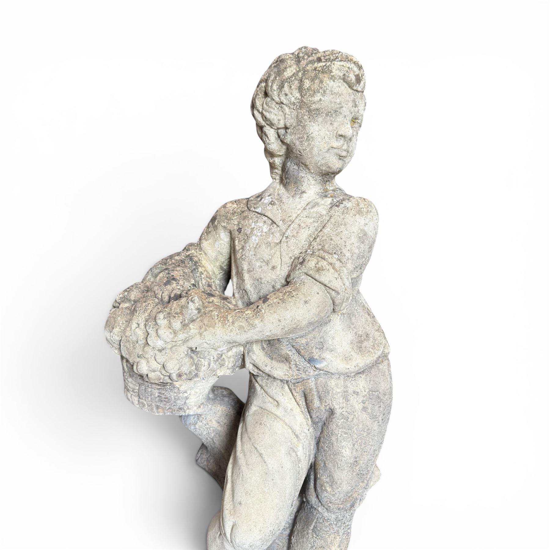The Four Seasons - set of four traditional cast stone garden figures, in a weathered finish, stamped 'Lucas'