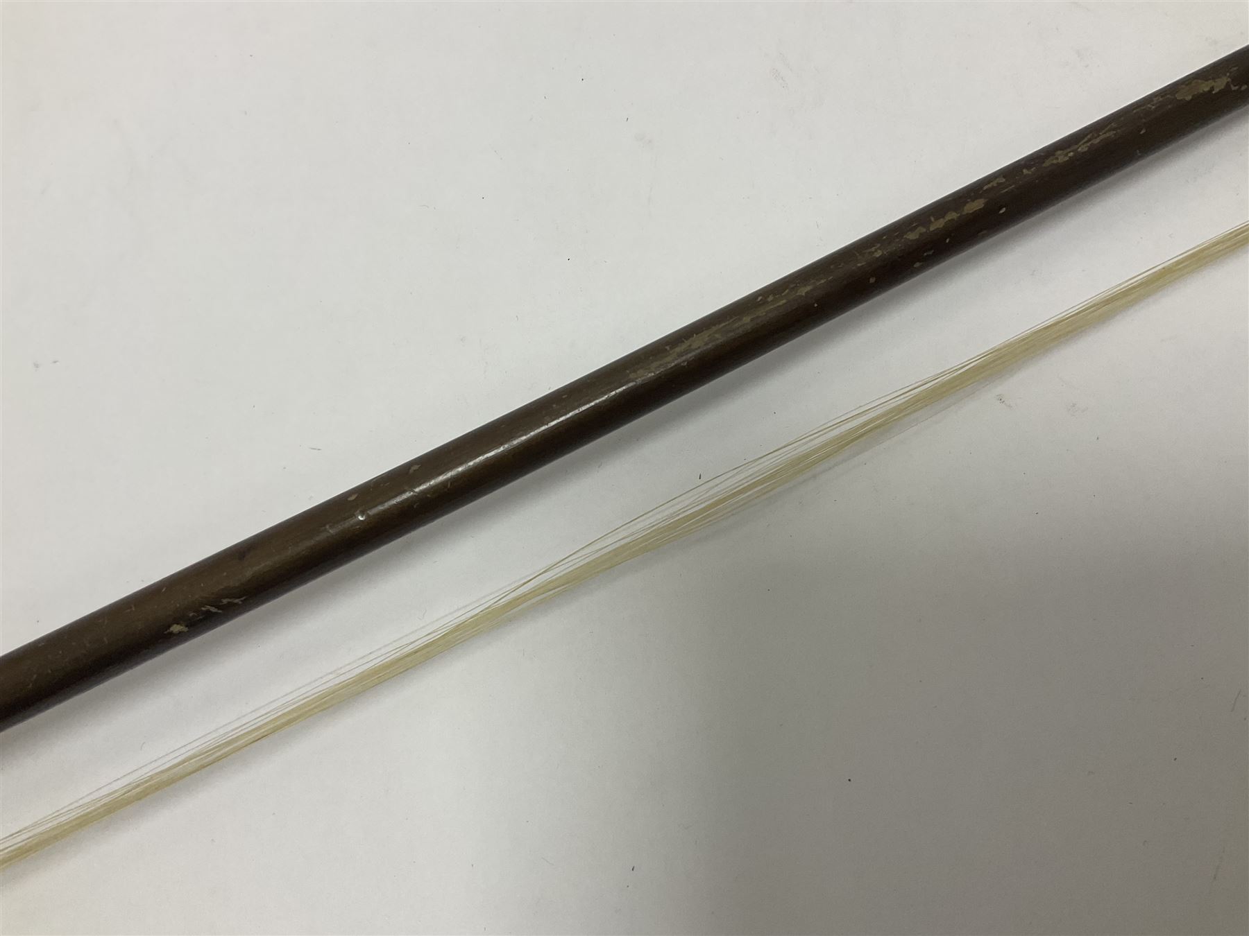 Wooden double bass bow with a mother of pearl inlay to the frog Length 71cm