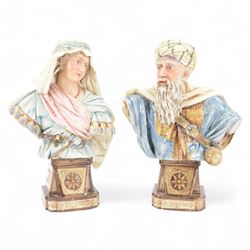 Pair of 19th century German majolica busts, modelled after biblical figures, as a male and...
