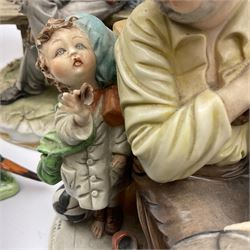 Four Capodimonte figures, comprising Shoemaker by T Galli, Tramp on Bench by Roby B, The Fiddler by Maria Angela, and Gypsy Dancers by Sandro, each with accompanying certificate, plus a Beswick matt glazed horse, and small Beswick pheasant. 