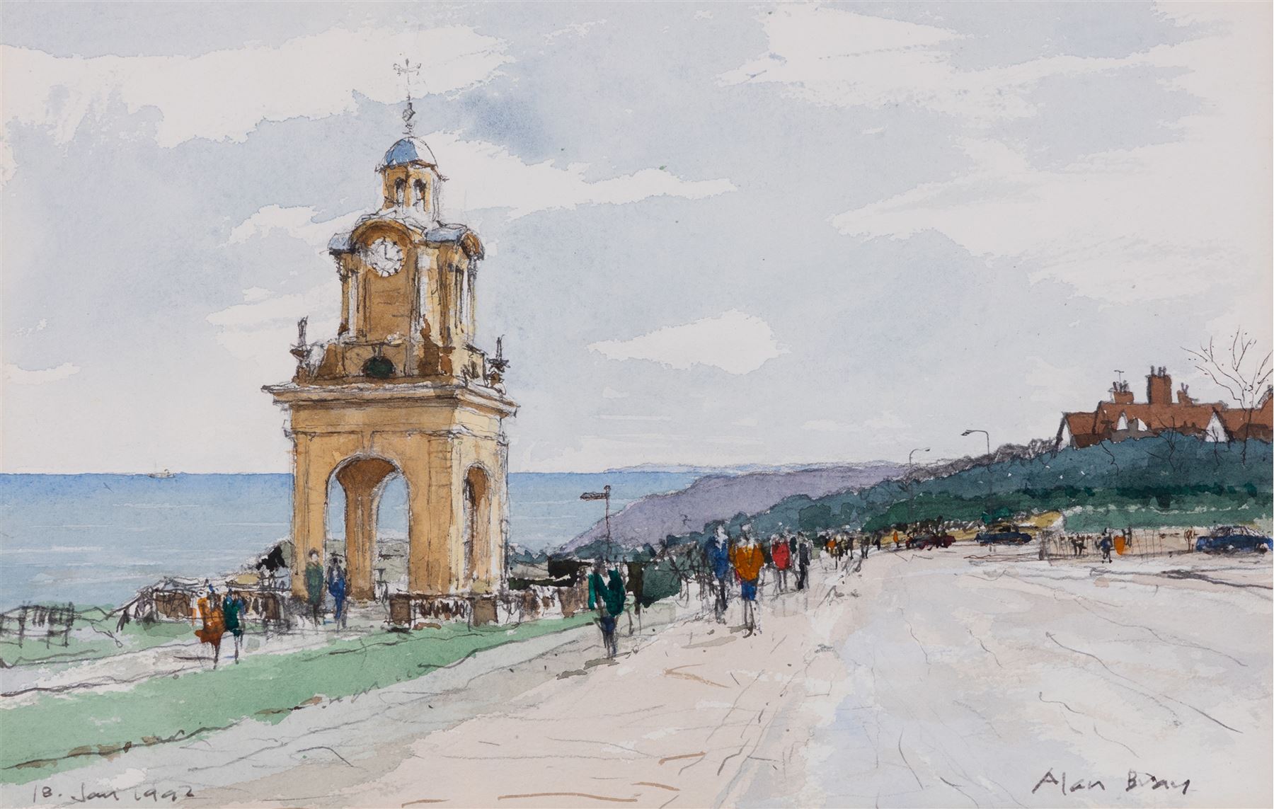 Alan Bray (British late 20th century): The Clock Tower Scarborough, watercolour signed and dated 18th January 1992, 23cm x 35.5cm
