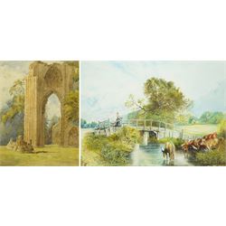 Attrib. William James Boddy (British 1831-1911): St Mary's Abbey - York, watercolour unsigned 29cm x 22cm; Circle of Myles Birkett Foster RWS (British 1825-1899): Cattle Watering at River, watercolour signed with monogram 22cm x 29cm(2)