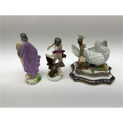 A group of assorted figures, to include a 19th century porcelain cherub candlestick modelled as Autumn, a Derby style figure modelled as a classical female, a French model of a Dove with spurious marks beneath, and two further figures modelled as Zeus and Poseidon, each with spurious anchor mark, etc.
