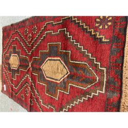 Baluchi red and blue ground rug, repeating border
