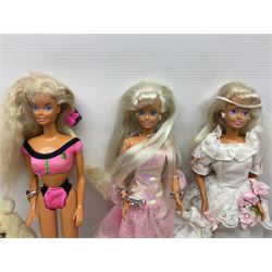 Three fashion dolls (Barbie and Sindy) with accessories and two Care Bears