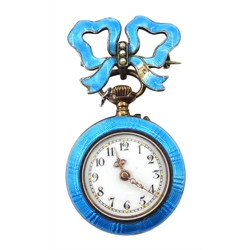 Swiss early 20th century blue guilloche enamel ladies pocket watch, the reverse decorated with flower motif with bow brooch set with seed pearls