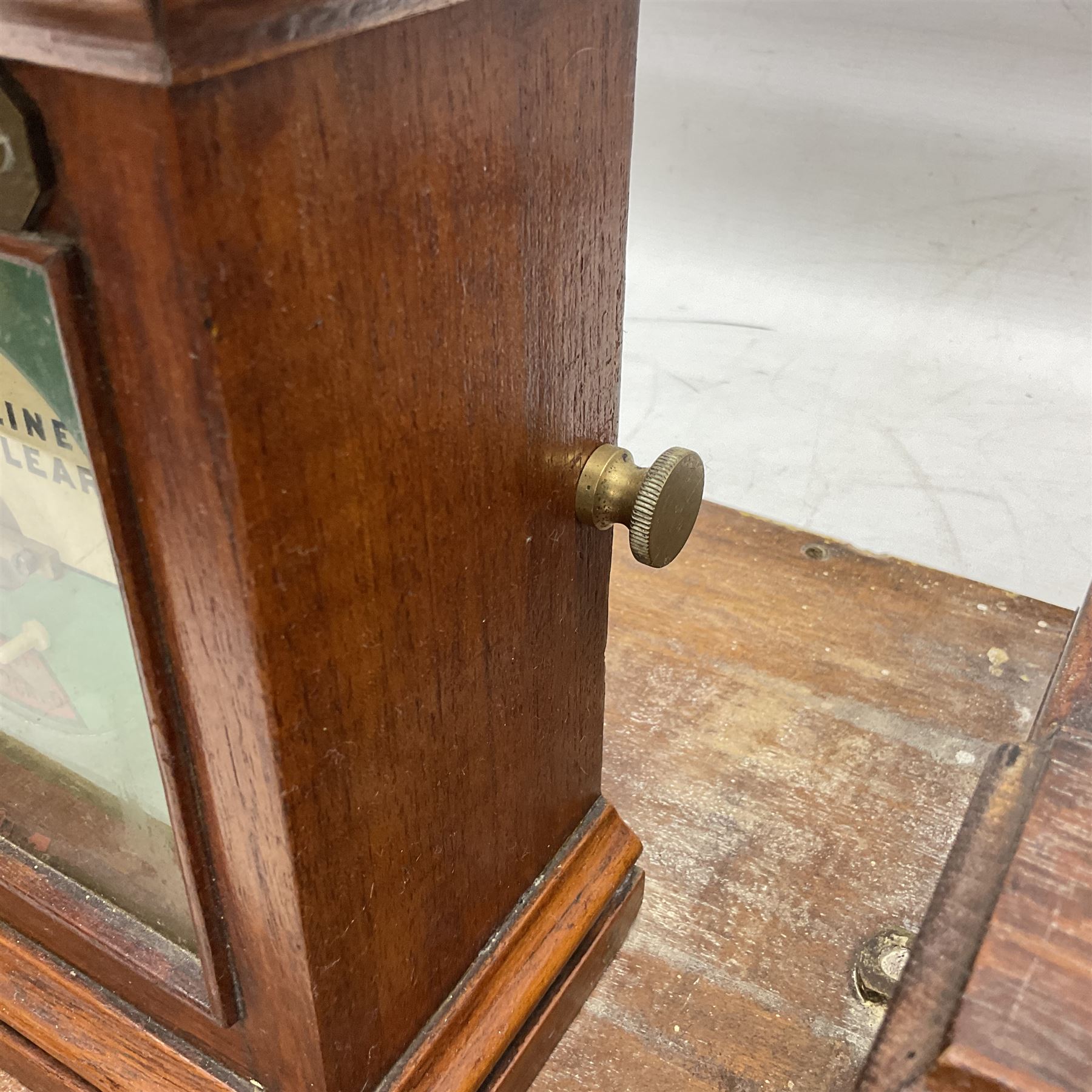 Railway signal boxes, mounted on plinth, with railway block indicators for Up Line and Down Line, having an electromagnetic indicator showing 'Train on Line' 'Line Clear' and 'Line Blocked', and brass signal bell to the centre, L100cm