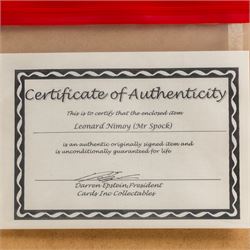 Limited edition Star Wars print 'The Voyage Begins' by Stewart Robinson numbered 516/1701, framed above three signed photographs of William Shatner as Captain James T. Kirk, Leonard Nimoy as Mr Spock and The Star Trek Legendary Four, all with certificates of authenticity verso, frame H109cm, W90cm
