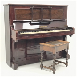  Edwardian C.Bechstein rosewood cased upright piano, cast iron over strung, tape and check action (W147cm, H127cm, D61cm) and an oak barley twist stool (2)  