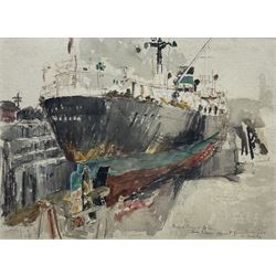 Allanson Hick (British 1898-1975): Ship in Dry Dock, watercolour, extensively inscribed and annotated in the artist's hand 30cm x 40cm