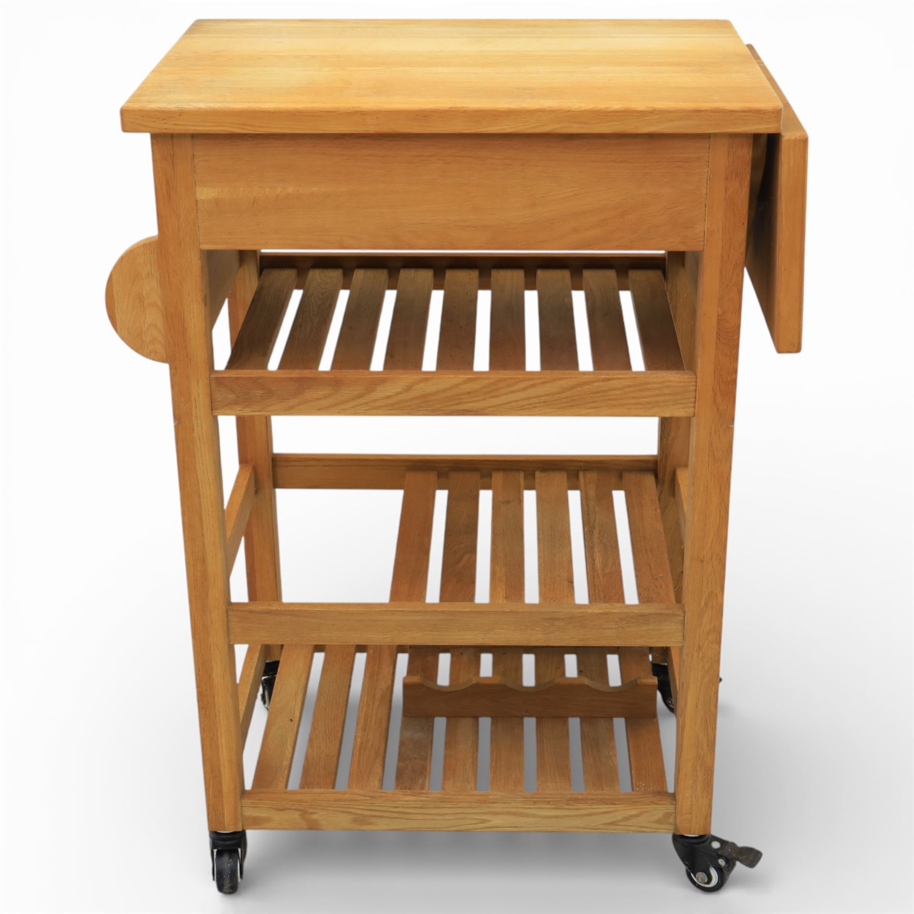 Modern oak butchers block, drop leaf end with towel rail to the other side, above three tiers raised on plastic castors 