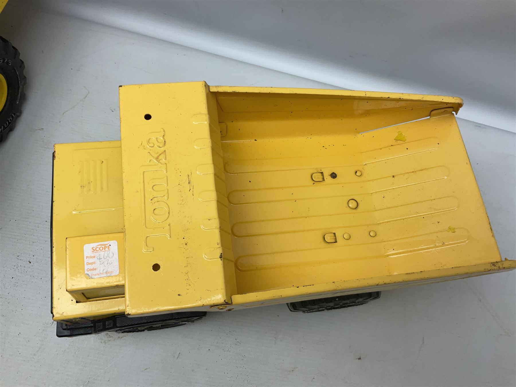 Tonka - five large scale pressed steel vehicles comprising Cement Mixer, Mighty Mobile Crane, Jeep and two Dumper Trucks (5)