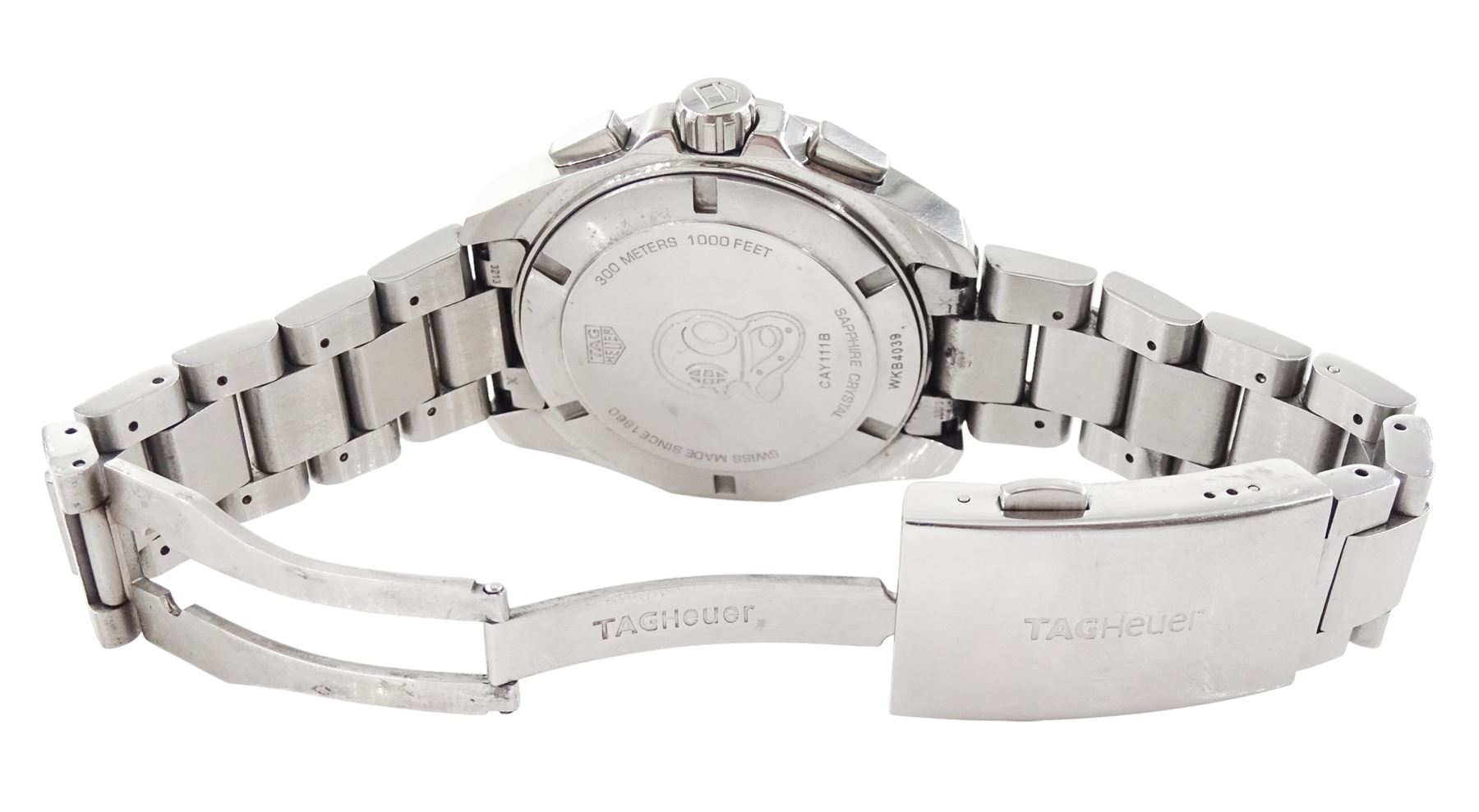 Tag Heuer Aquaracer gentleman's stainless steel quartz chronograph wristwatch, Ref. CAY111B, blue dial with subsidiary dials and date aperture, on original stainless steel bracelet, with fold-over clasp, boxed with papers and warranty card dated 2021