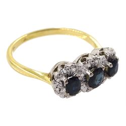 18ct gold three stone oval sapphire and diamond chip cluster ring