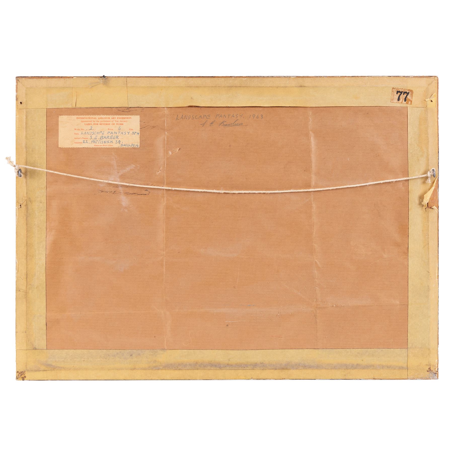 S E Barber (British Mid-20th Century): Surreal 'Landscape Fantasy', oil on board signed, titled on International Amateur Art Exhibition label verso 35cm x 50cm 