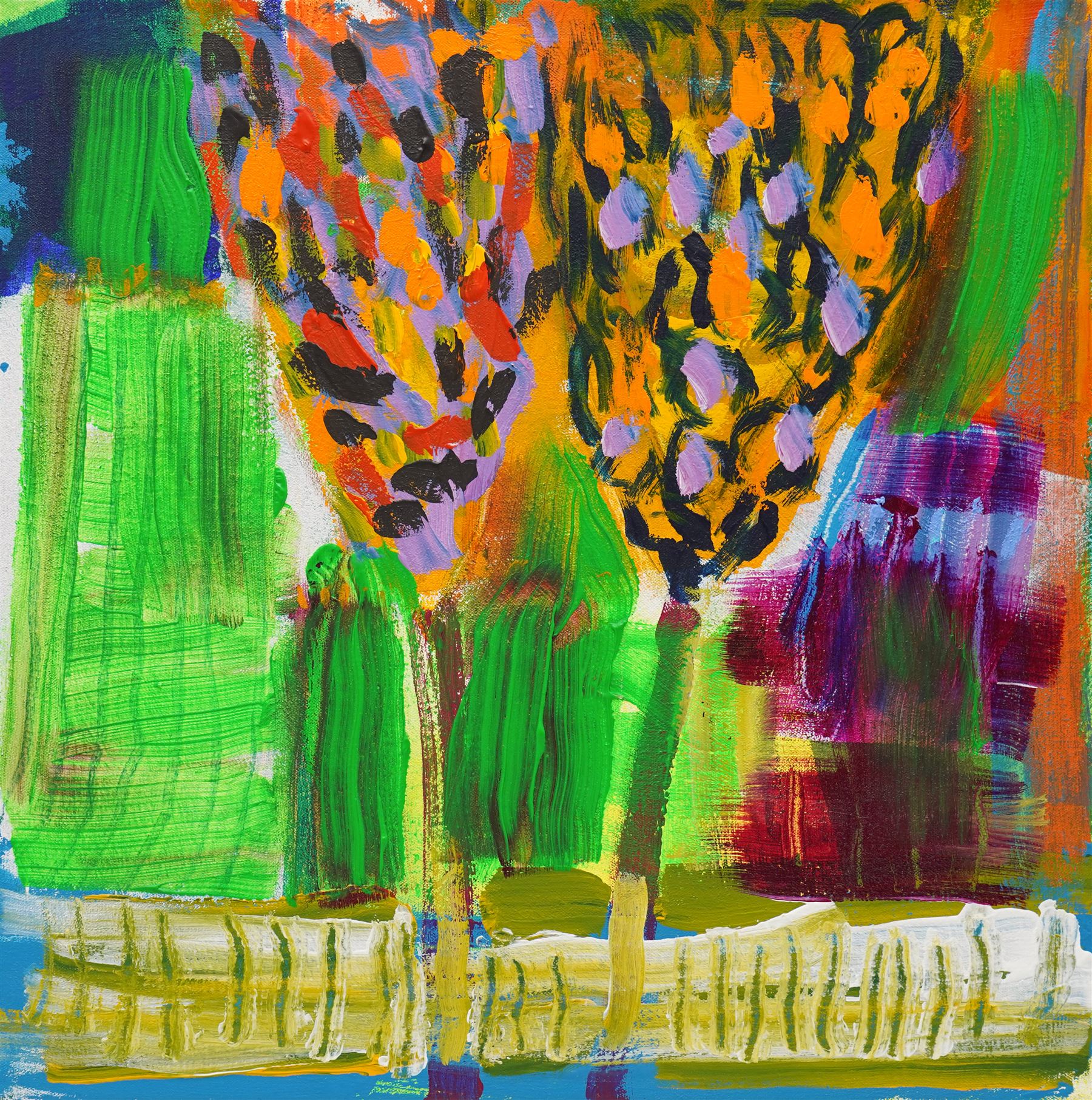 Gillian Ross Kelsey (British 1935-2025): 'Two Trees', acrylic on canvas, signed and titled verso 41cm x 41cm