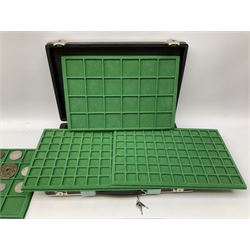 Coins and medallions including, York 1811 one shilling cattle and barber silver token, United States of America 1883O silver Morgan dollar, birds of destiny medal by Malcolm Appleby, Great British King George V 1930 halfcrown, King Edward VII 1902 silver medal, King George V 1916 halfcrown etc, housed in a case with lift out green coin trays