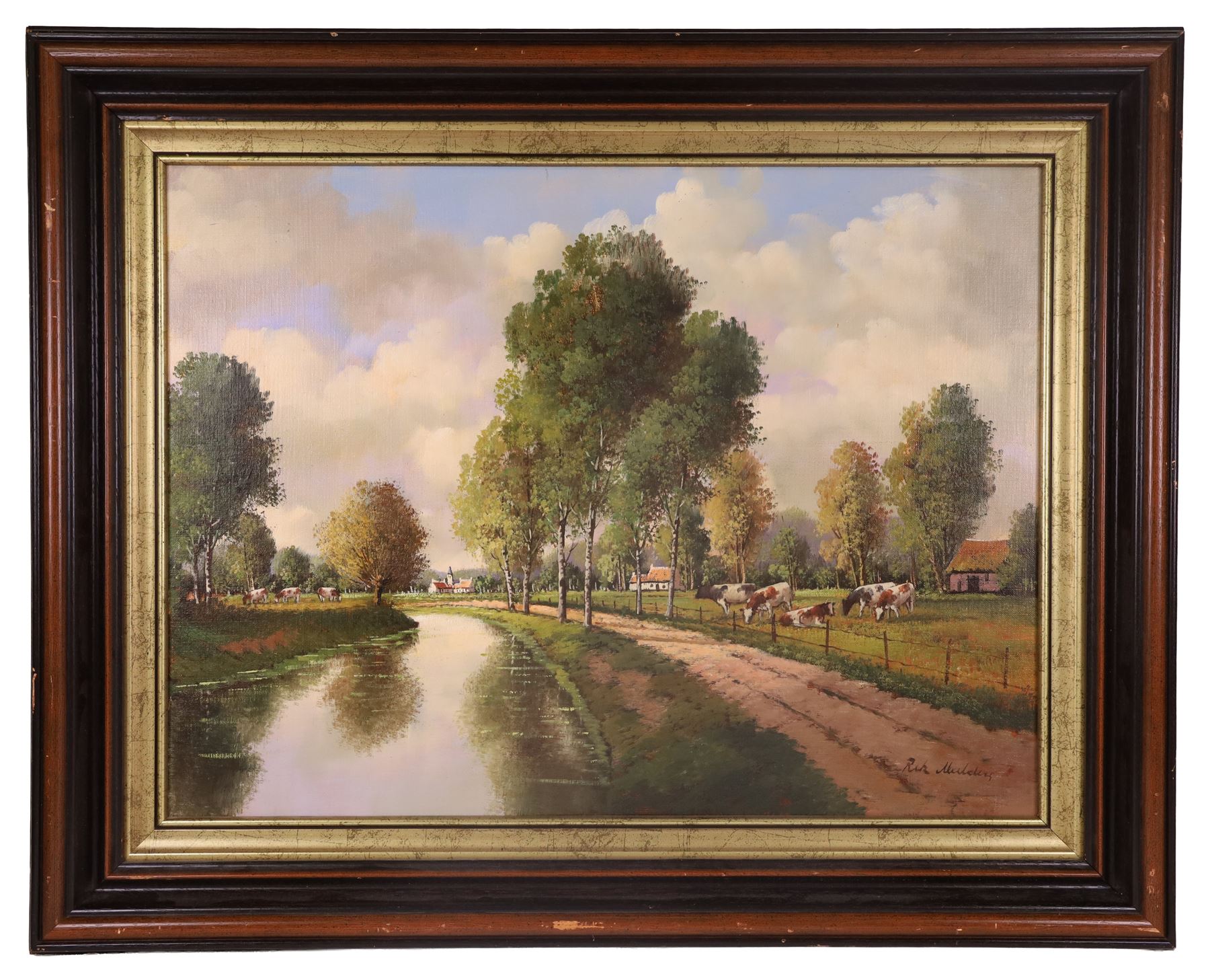 Rik Mulders (Flemish 20th century): Landscape with Cows by Canal, oil on canvas signed 59cm x 79cm