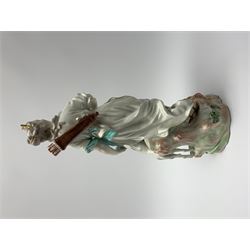 Mid 18th century Derby porcelain figure modelled as Dianna the Huntress, with quiver of arrows upon her back and dog by her side, upon a naturalistically modelled base, with patch marks beneath and collectors labels, H26cm