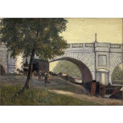 F Schwab (19th/20th century): City Bridge with Workmen by the Riverside, oil on canvas signed 28cm x 39cm