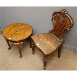  Victorian oak hall chair, pierced and carved back with turned supports, a circular occasional walnut table, cabriole supports, (D53cm, H48cm) and a circular oak bevel edge mirror, (D43cm)  