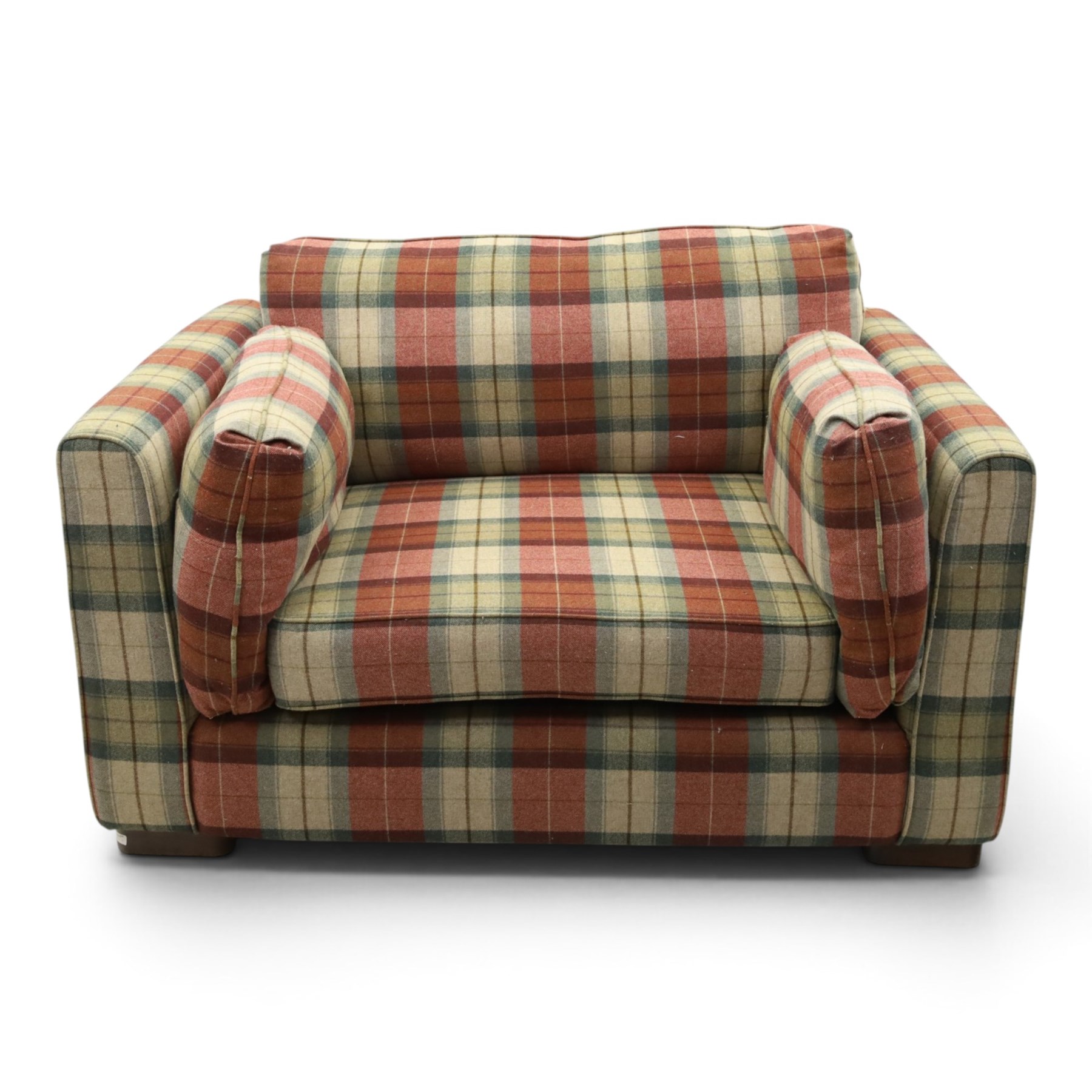 Meridian - snuggle armchair or loveseat, of traditional squared shape, upholstered in tartan fabric with loose cushions, on rectangular feet
