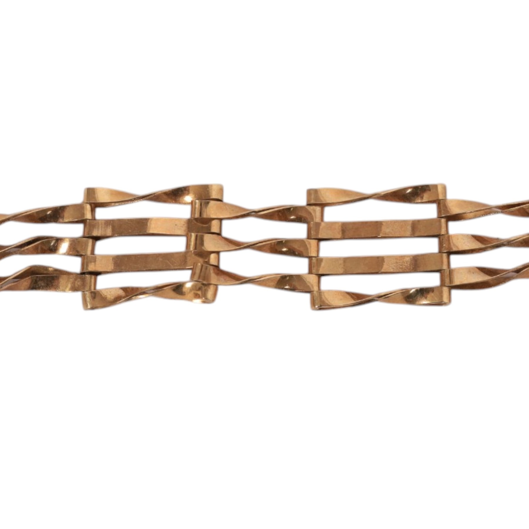 9ct gold jewellery, including four bar gate bracelet, two padlock clasps and a wedding band