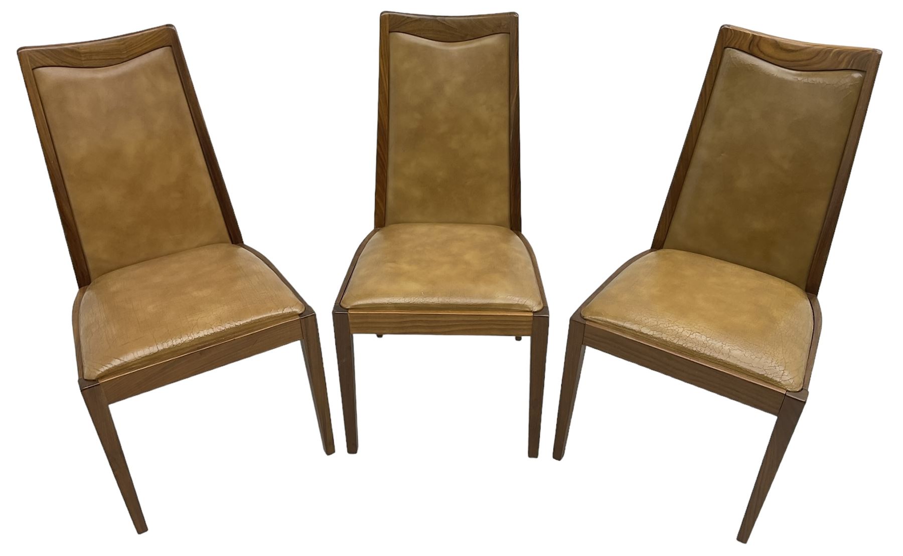 G-Plan - set of six mid-20th century teak 'Fresco' dining chairs, high back and seat upholstered in tan faux leather, on square tapering supports
