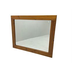 Large pine framed wall mirror, rectangular bevelled plate