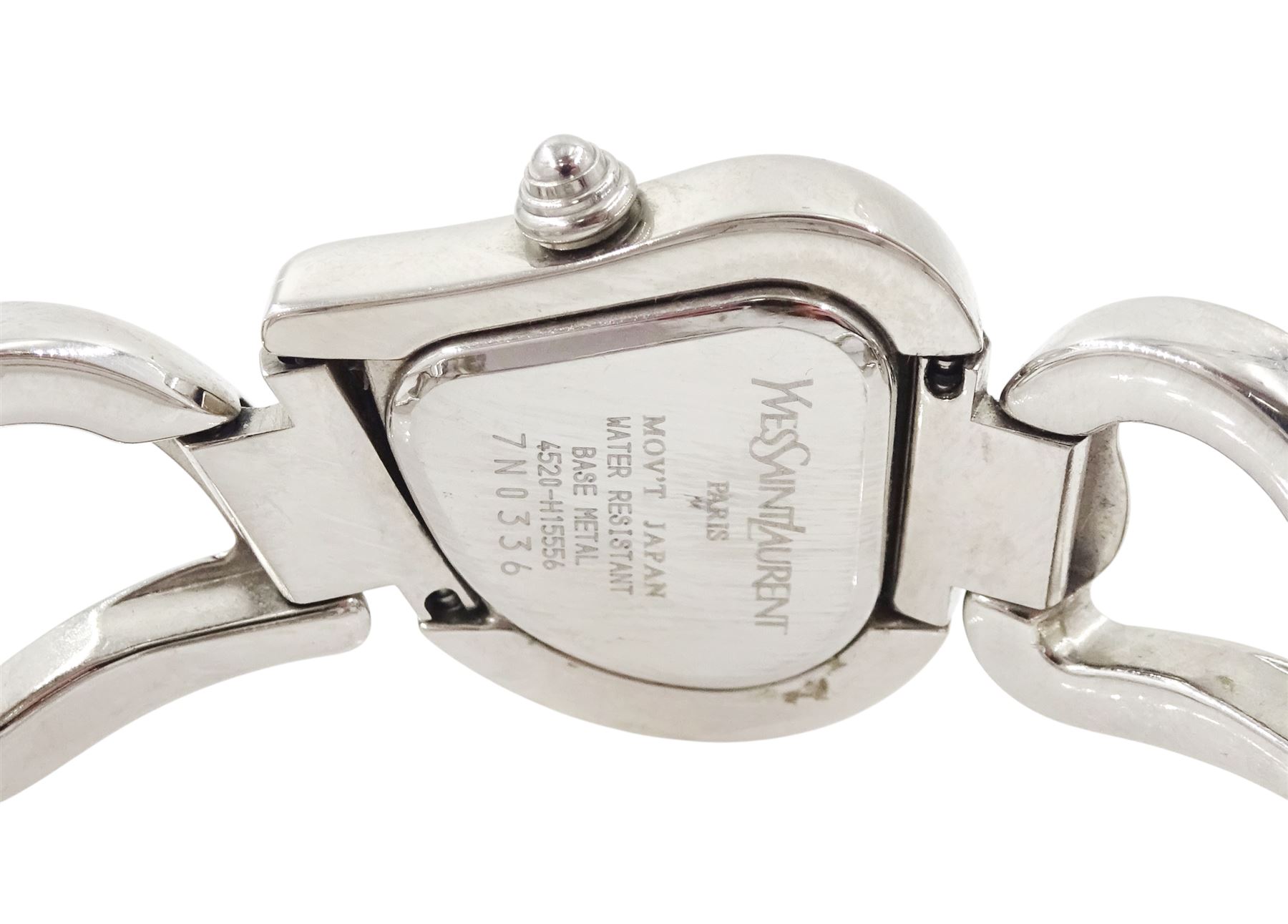 Two Yves Saint Laurent ladies stainless steel quartz wristwatches including 'Moon Phase' with gold plated bracelet, no. 284717, the other with heart shaped face and bracelet links, no. 7N0336