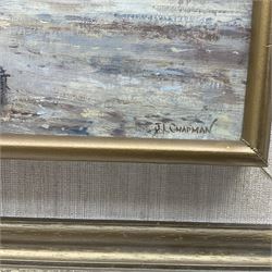 John Lewis Chapman (British 1946-): A Sunset Ride on the Beach, oil on board signed 24cm x 40cm