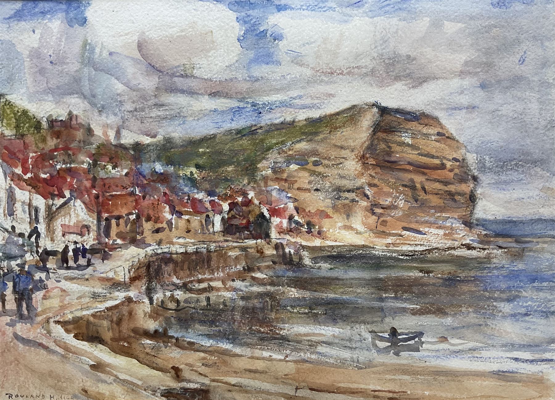 Rowland Henry Hill (Staithes Group 1873-1952): Cowbar Nab from Seaton Garth - Staithes, watercolour signed 24.5cm x 34cm 
Provenance: with T B & R Jordan Fine Art Specialists, Stockton on Tees; with Walker Galleries, Harrogate, label verso