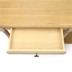 Neptune - 'Edinburgh' limed oak console table, with two
soft close drawers raised on ring-turned column supports,
with a pot shelf raised on square feet