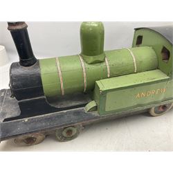 1960s scratch-built green, black and red painted wooden model of a 4-6-0 tank locomotive 'Andrew' No.7365 L88cm; and an unused wall mounting die-cast model display cabinet with glass door and shelves 52 x 40cm (2)