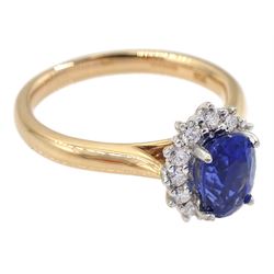 18ct rose gold oval sapphire and round brilliant cut diamond cluster ring, hallmarked, sapphire approx 1.25 carat