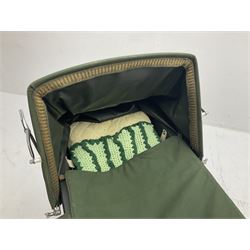 Silver Cross coach-built doll's pram with green fold-down hood and cover, sprung tubular frame, chrome and white handle, four spoked wheels with brake, mattress, pillow and bedding L97cm