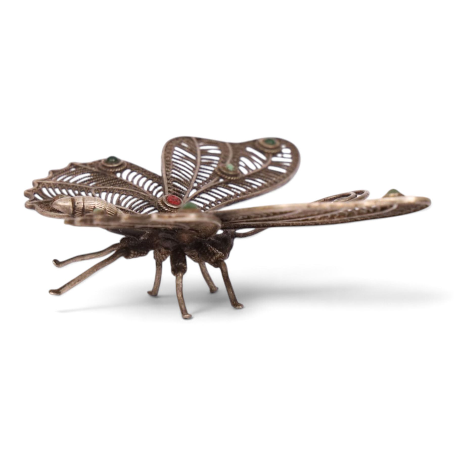 Two filigree insects, modelled as a butterfly and hornet, with decorative stones applied to the wings, butterfly L9cm