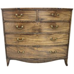 Early 19th century mahogany bow-front chest, fitted with two short over three long cock-beaded drawers, on splayed feet
