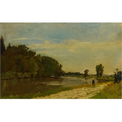 Edmond Marie Petit Jean (French 1844-1925): River Landscape, oil on board, artist's studio stamp verso 25cm x 39cm