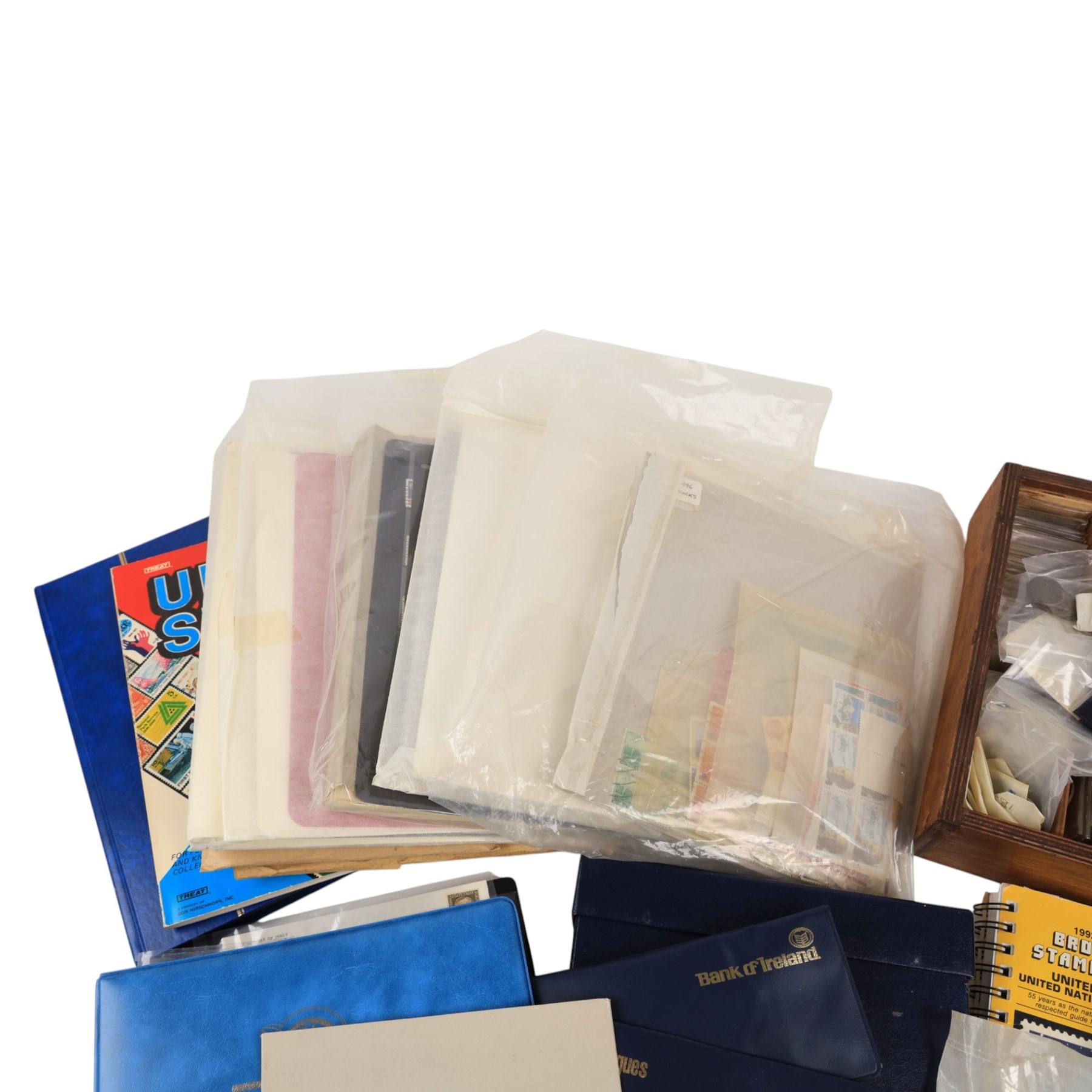 Great British and World coins and stamps, including USA 1984 stamp and cover collection, 'America Remembers the World at War' first day cover collection, numerous pre-decimal coins, etc, in one box